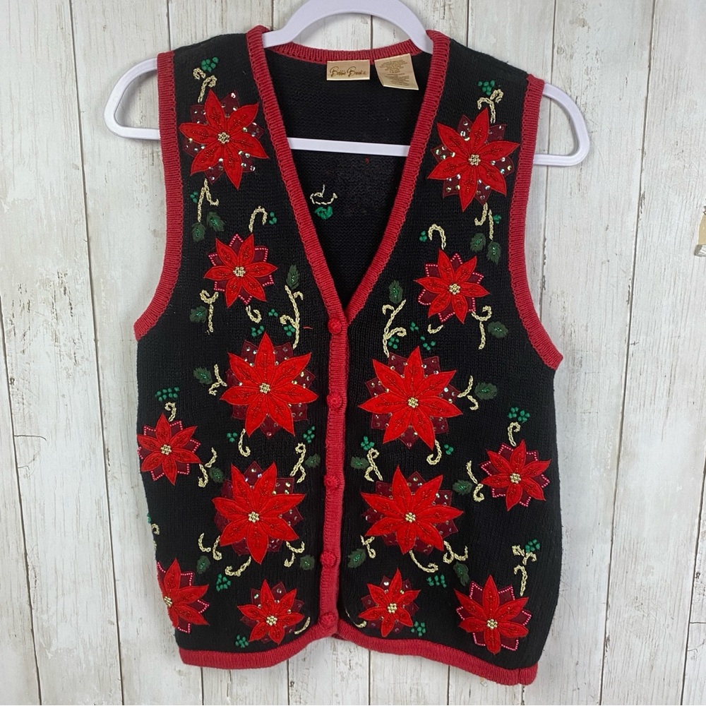 Bobbie Brooks Christmas Beaded Sweater Vest Small Red Black Knit Poinsettia